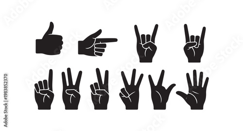 Various hand gestures collection showing different finger counts and common sign language.