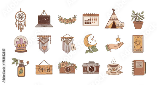 Bohemian Lifestyle Icons: Dreamcatcher, Teepee, Tarot, Camera, Plant, Coffee, Moon