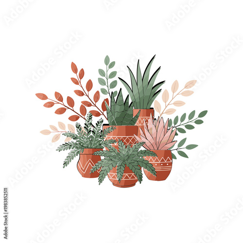 Bohemian potted plants illustration, terracotta pots, earthy tones, home decor, natural elements