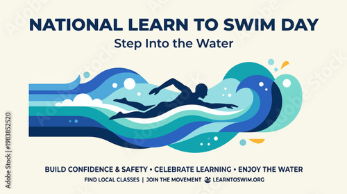 National Learn to Swim Day abstract water waves, swimming and water safety concept, aquatic sport background, modern flat vector illustration