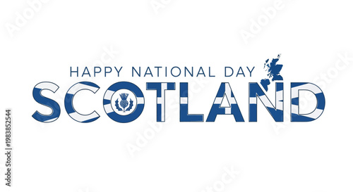 Happy Scotland National Day card with Scottish flag text and thistle symbol