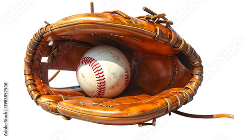Baseball Mitt and Ball Isolated Realistic Photo Warm Tones Leather Texture