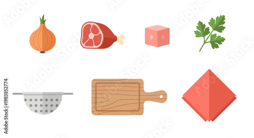 Fresh ingredients for cooking: onion, meat, spices, herbs, chopping board, and kitchen tools