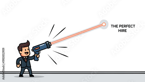 Businessman with laser gun targeting 'The Perfect Hire' for recruitment. Precision hiring strategy concept.