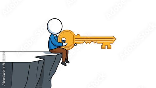 Cartoon person with giant golden key sitting on a cliff edge, symbolizing solution, opportunity, and crucial decision