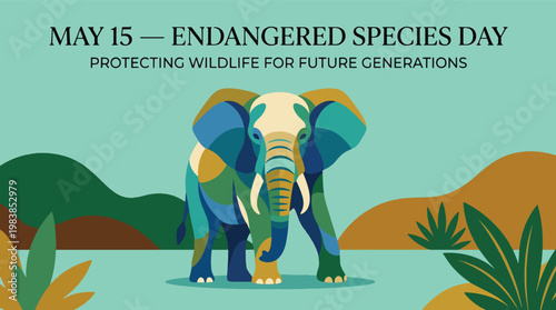 Endangered Species Day with elephant in natural habitat, wildlife conservation and biodiversity protection concept, modern flat vector illustration