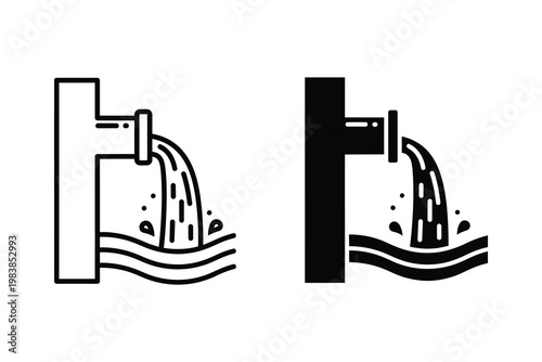 Industrial pipe discharging water into wavy ocean, water pollution concept, vector illustration
