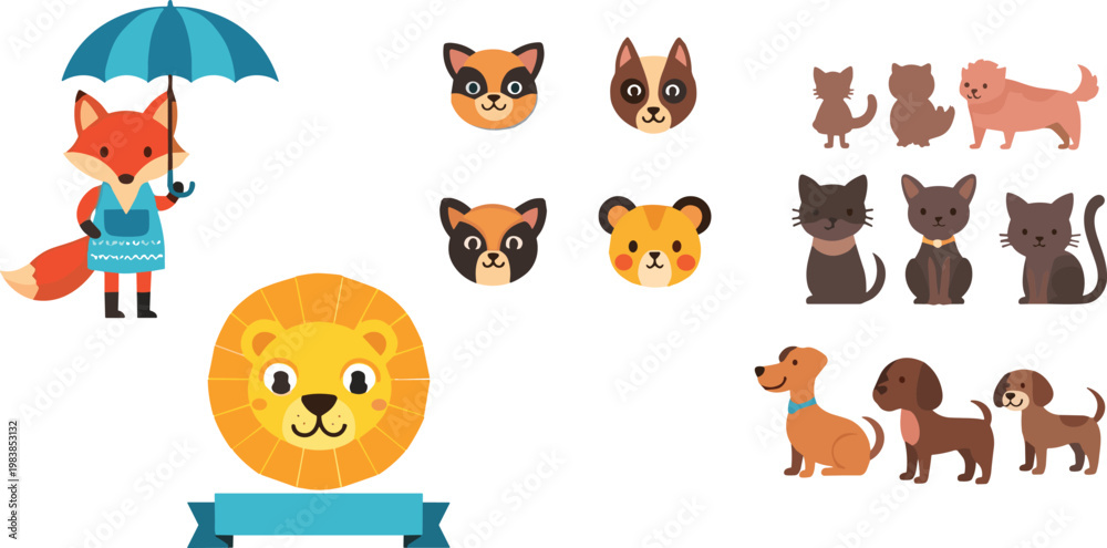 Fototapeta premium Cute Animal Characters Set with Fox, Lion, Cats, Dogs and Cartoon Pet Illustration Collection for Kids Design
