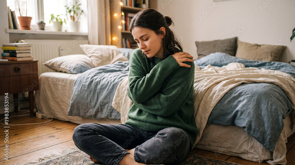 Obraz premium Woman sitting on floor next to bed with her hand on shoulder