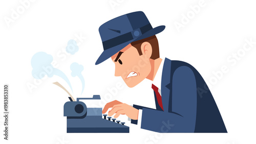 Intense Man in Fedora Typing on Vintage Typewriter with Steam, Creative Writing Process or Deadline Pressure