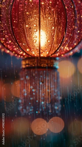 Traditional Chinese red lantern glowing at night, festive decoration symbol of culture and celebration, warm light and authentic Asian street atmosphere.