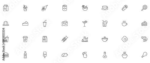 Food and drink icon set. Containing meal, restaurant, fast food, beverage, vegetables, fruits, desserts, meat, fish, coffee, cocktail and more. Editable line icons.