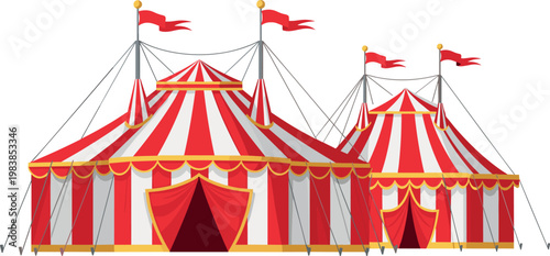 Colorful Circus Tents with Red and White Stripes and Flags for Event, Festival, and Entertainment Designs