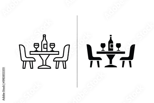 Set dining table with wine bottle and glasses, romantic dinner setting, flat design vector illustration