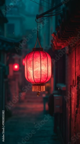 Red Chinese lantern glowing in narrow street, festive decoration symbolizing tradition, warm light and authentic Asian cultural urban atmosphere.