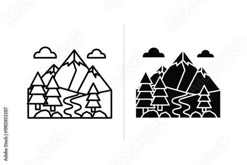 Stylized Mountain Landscape with Pine Trees and Winding River, Flat Design Vector