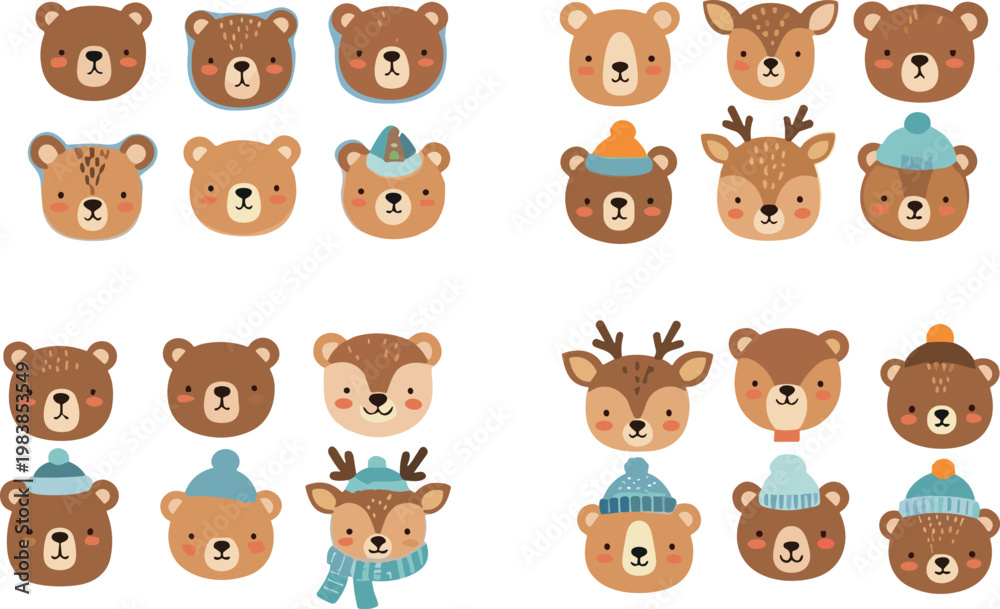 Obraz premium Cute Bear and Deer Face Characters Set with Winter Hats, Scarves and Cartoon Animal Illustration Collection