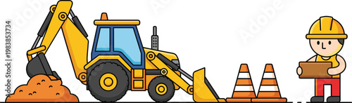 Construction site illustration with backhoe loader traffic cones and worker holding bricks isolated on white background for building and roadwork design