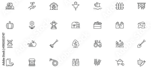 Farming icon set. Agriculture related line icons: farm, gardening, smart farm, farm animals, seeding, farmer and more. Editable stroke.