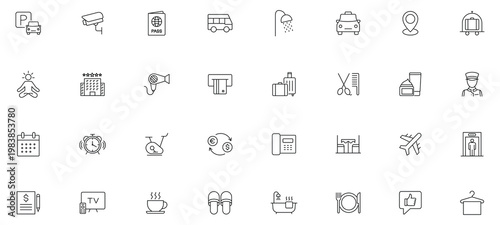 Hotel icon set. Hotel services related line icons: room, rental, reservation, hotel booking, parking, bellboy, breakfast, travel, vacation, holiday and more. Editable stroke.