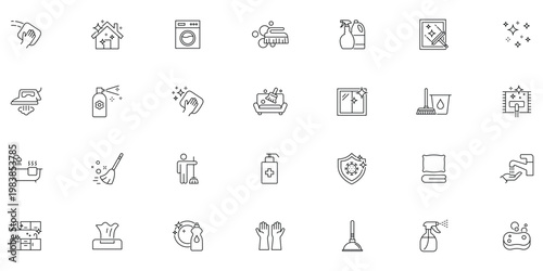 House Cleaning icon set. Housekeeping related line icons: washing, vacuum cleaner, detergent, cleaning tools, equipment, household appliances and more. Editable stroke.