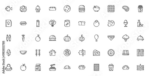 Food icon set. Vector illustration of fish, burger, cupcake, fruits, vegetables and more. Minimalist food and drink symbols for cooking, recipe, restaurant or market. Editable stroke.