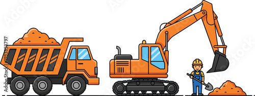 Heavy construction machinery set with excavator dump truck and worker operating equipment isolated on white background for engineering and building industry design