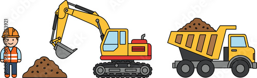 Construction machinery vector illustration with excavator dump truck and worker building site equipment isolated on white background for industry design