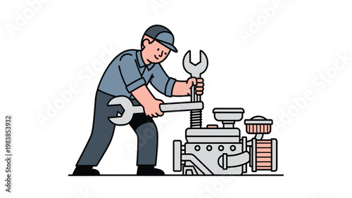Mechanic repairing engine with wrenches. Automotive service, industrial maintenance, and vehicle repair concept illustration.