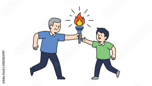 Generational torch passing from older man to young boy, symbolizing legacy, knowledge transfer, and future leadership.