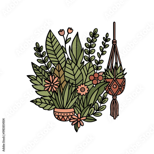 Boho Botanical Illustration: Hanging Plants and Potted Flowers with Earthy Tones