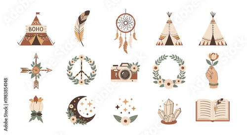 Boho Collection: Dreamcatcher, Teepee, Feather, Camera, Crescent Moon, Crystals, Book