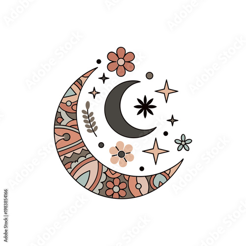 Boho Crescent Moon with Flowers and Stars - Celestial Nursery Decor