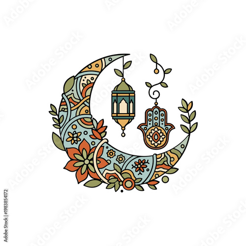 Boho Crescent Moon with Lantern and Hamsa Hand, Ramadan Islamic Cultural Motif
