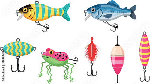 Colorful Fishing Lures and Bait Including Fish, Frog, and Bobber Designs for Outdoor Sports and Fishing Gear Illustrations