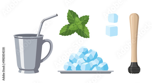 Iced Coffee with Sugar Cubes and Fresh Mint on White Background