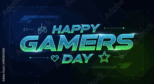 Happy Gamers Day Celebration with Futuristic Digital Design and Game Controller Icon