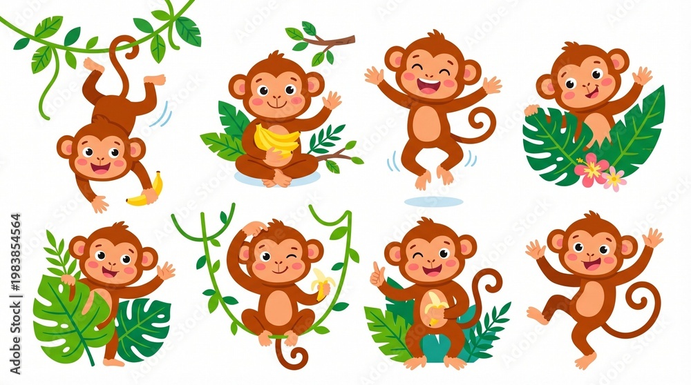Obraz premium Set of Cute Cartoon Monkey Characters for Jungle Theme Designs and Children Vector Illustration