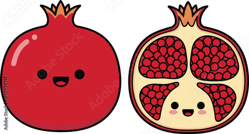 Cute pomegranate fruit character set with whole and sliced juicy seeds cartoon style illustration isolated on white background