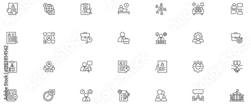 Job Vacancy icon set. Contain icons related to recruitment, hiring, employment, human resource, career, interview, training, skills, candidate, resume, and more. Editable stroke.