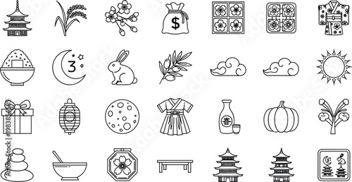 Asian culture doodle collection set with pagoda rice kimono lantern rabbit and traditional symbols outline style isolated on white background