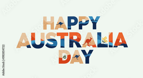 Happy Australia Day graphic design with kangaroo silhouettes and landscape patterns.