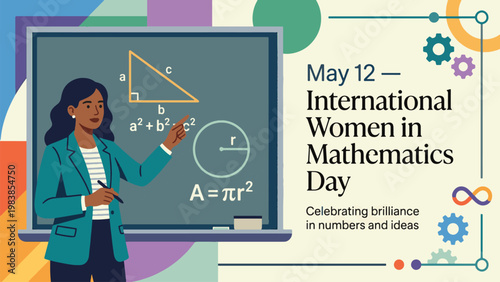 Illustration celebrating International Women in Mathematics Day on May 12, featuring a woman teaching math with formulas on a blackboard.