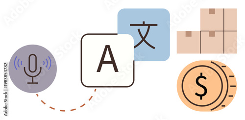 Language processing, global business, e-commerce logistics, financial services, translation tools, voice recognition. Features microphone, translation icons boxes and currency. Global business