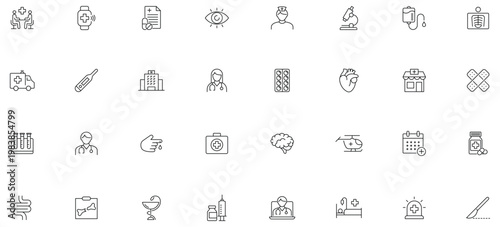 Medical icon set. Containing healthcare, doctor, hospital, ambulance, clinic, pharmacy, medicine, nurse, pills, treatment, surgery and more. Editable line icons.