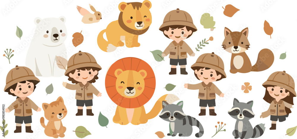 Naklejka premium Cute Safari Explorer Kids and Wild Animals Cartoon Set with Lion, Raccoon, Fox and Adventure Illustration Collection