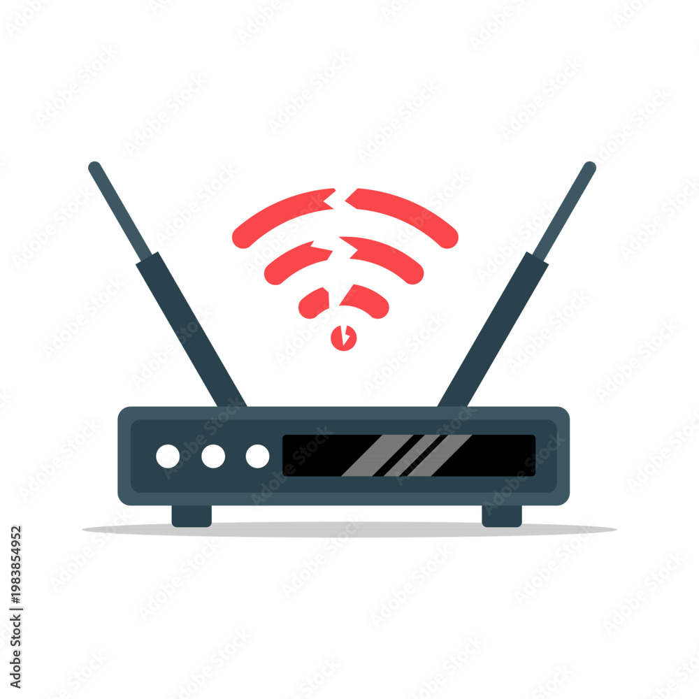 Fototapeta premium Wifi Router with Broken Signal Icon Representing No Internet Connection, Network Failure, and Disconnected Wireless Concept in Flat Vector Illustration Style