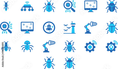 Technology and robotics icons with bugs and computer graphics