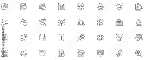 Minimalist Science research outine icons set with editable stroke. Containing experiment, laboratory, scientist, and more. thin linear illustration.