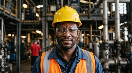 Proud industrial worker wearing yellow hard hat and safety goggles portrait